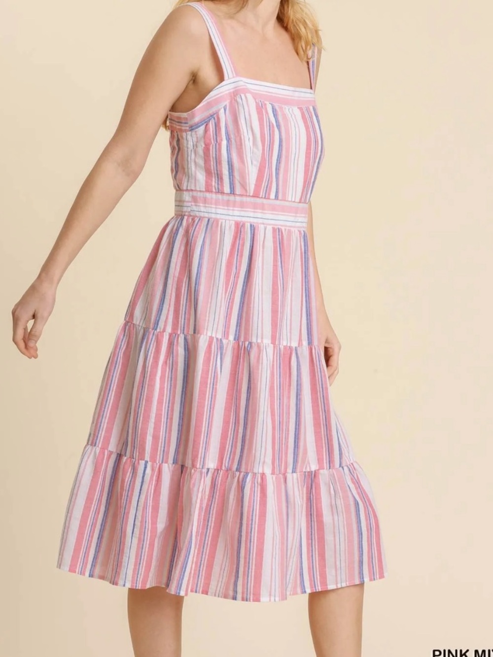 Umgee NWT Striped Midi Dress Tiered Ruffles Square Neck
